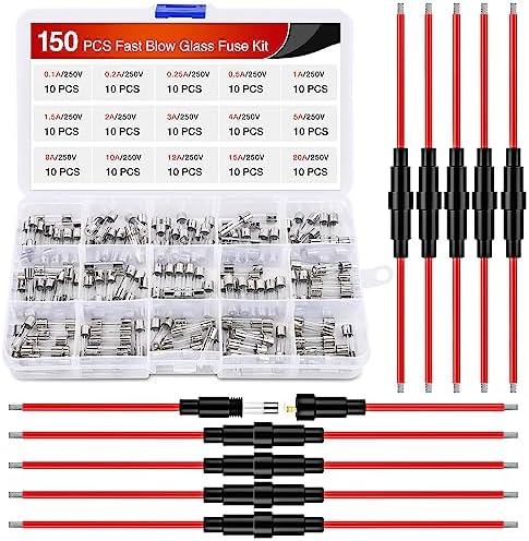 Nilight 150PCS Fast Blow Glass Fuses with 10PCS 5x20mm Inline Fuse Holder Screw Type16AWG 250V 0.1A 0.2A 0.25A 0.5A 1A 1.5A 2A 3A 4A 5A 8A 10A 12A 15A 20A Glass Tube Fuses Assortment, 2 Years Warranty