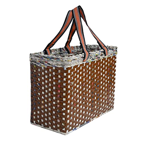 Image of Paperus, Large, Lunch Bag, Picnic Basket, Carry Bag, Handbag, Tiffin Basket for Office, Rectangular, Eco-Friendly, Handmade, of Paper Ropes, in Inch 11 H, 14 L, 7 Wide Base Brown
