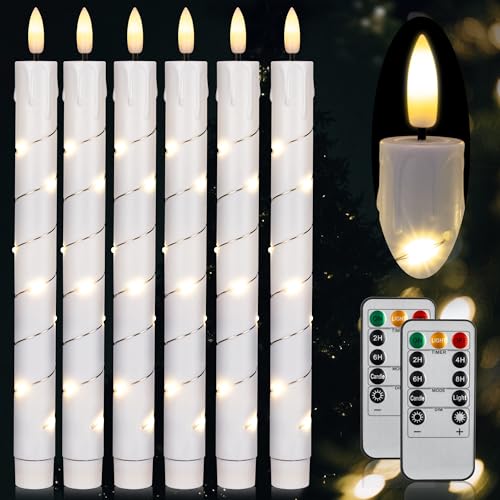 Image of Flameless LED Taper Candles Flickering with Remote for Romantic Decorations,Battery Operated Candles Arounded with Starlight String, Festival Wedding Home Decoration, Pack of 6, White
