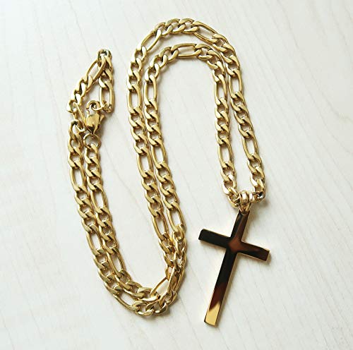 Image of 14K Gold Figaro link Chain Cross Pendant Necklace Gold filled Clasp for Men,Husband, boys, Teens Thin for Charms Miami Cuban Link Diamond Cut Fashion jewelry
