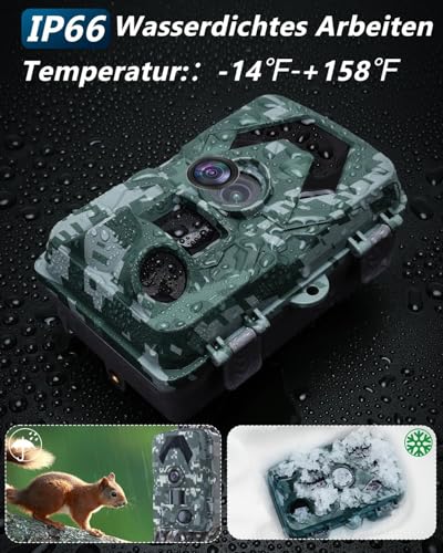 Wildkamera, 5K 60MP Wildtierkamera mit 98FT 130 Weitwinkel, 0,05s Auslösezeit Nachtsicht Bewegungssensor Jagdkamera, IP66 Wasserdicht, kein Glühen Infrarot-LEDs für Garten mit 64GB Speicherkarte