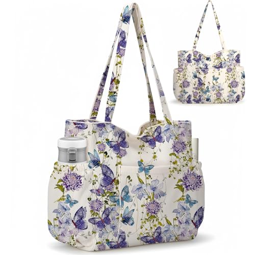 Corduroy Tote Bag for Women, Large Capacity Cute Tote Bags With 6 Pockets, Laptop Tote Bag Crossbody Shoulder Handbag Teacher Nurse Bags for Work Travel Gym(Purple Butterfly) - image 1