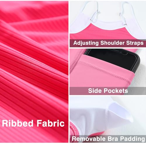 Aleumdr Women's Ribbed One Piece Skirt Swimsuit Swimming Dress Tummy Control Color Block Prited Bathing Suit with Pockets Hot Pink Medium