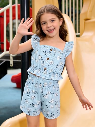 Image of Kids Toddler Girls Summer Clothes Button Design Striped Tank Top + Floral-Print Elastic Shorts 2 Piece Outfits