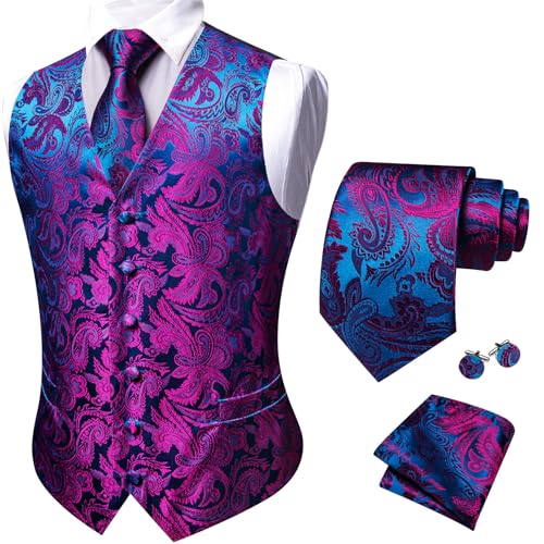 Barry.Wang Men's V-Neck Suit Vest Solid Paisley Waistcoat Silk Tie Hanky Cufflink Clip Set Wedding Party Business Formal3
