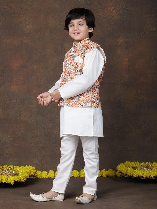 Image of superminis Boys Cotton Printed Full Sleeves Kurta Pyjama with Jacket Ethnic Wear Set