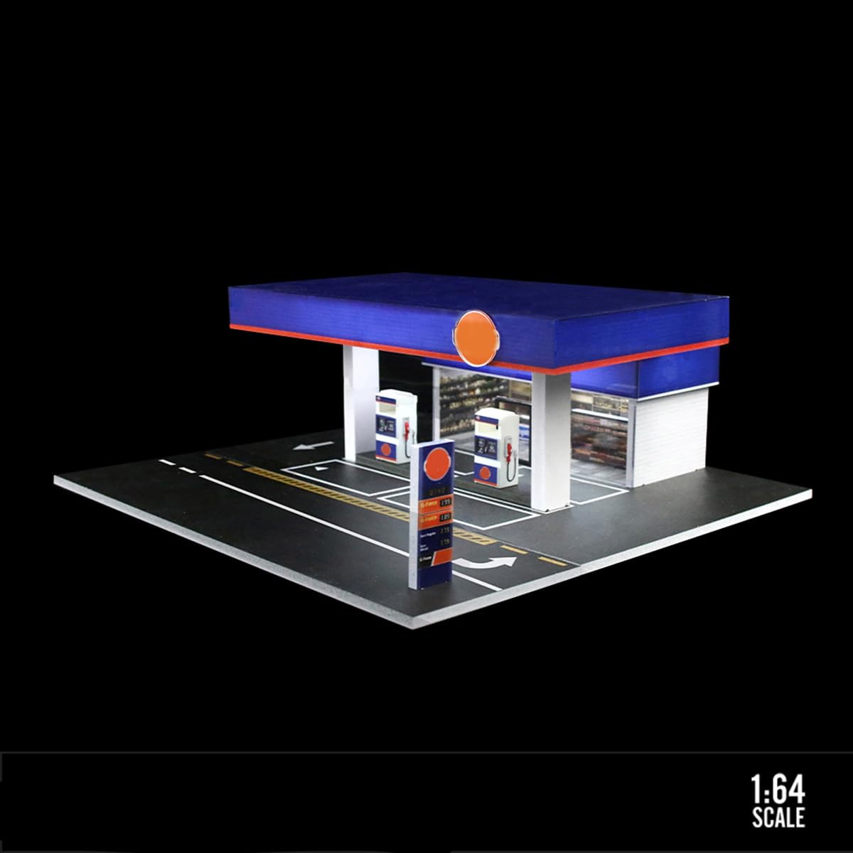 Modelo de estación de servicio Gulf, modelo de escena de construcción en miniatura con iluminación y accesorios, juego de diorama compatible con modelos de coches 1/64 Diecast (coches y