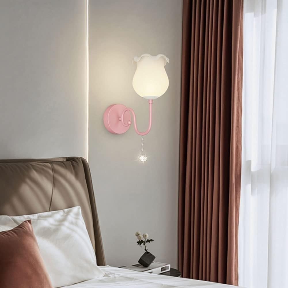 Sturdy Durable Cream Flower Glass Iron Wall Lamp French Bedroom Bedside Wall Light Modern Creative Wall Sconce Fixture Living Room Farmhouse Staircase Minimalist Flower Shade Hall Lamp