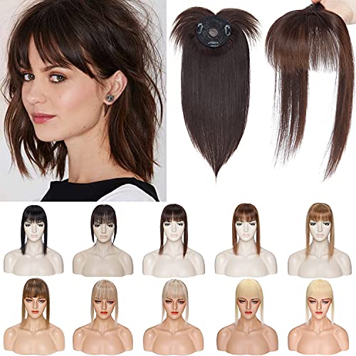 S-noilite Clip In Mono Topper with Bangs 100% Real Human Hair Crown Toppers with Wispy Bangs 10 Inch 32g Dark Brown Top Hairpiece For Women with Thinning Hair/Gray Hair/Short Hair/Hair Loss #2
