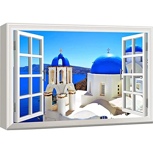 窓の風景 地中海の風景 キャンバス ウォールアート サントリーニ島 ギリシャの教会 青い海 澄んだ空 絵画 寝室の装飾 90x120cm(35.4"x47.2") 内部フレーム