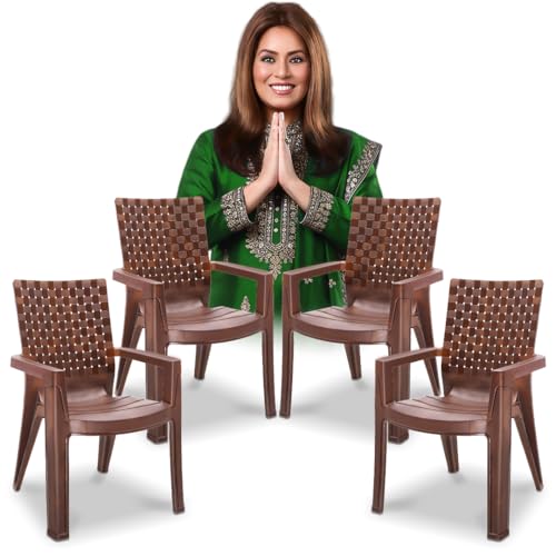 Image of MAHARAJA Heavy Duty Plastic Chairs for Home & Office | Comfortable | Arm Rest | 200Kg Capacity (Teakwood, Pack of 4)
