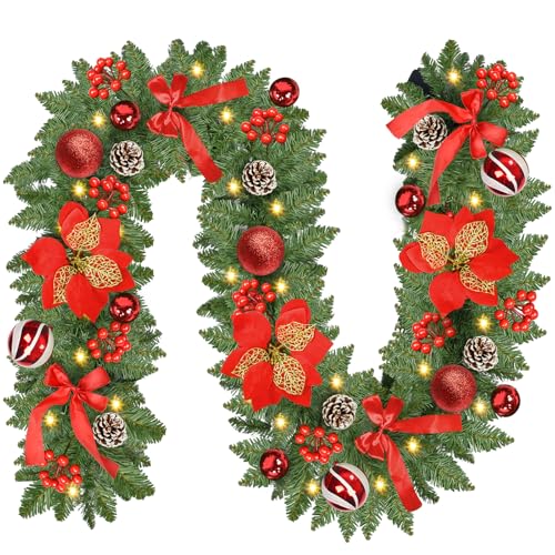 Christmas Garland with Lights, 9FT 30 LED Prelit Christmas Garland with Pinecones, Flowers, Bows, Outdoor Indoor Christmas Decorations Garland Battery Operated with Timer for Stairs,Mantel,Door,Window