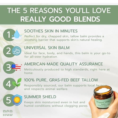 Really Good Blends Whipped Tallow Balm (Eucalyptus), Organic Body Butter Cream, Grass Fed Beef Tallow for Skin Moisturizer, All Natural Lotion, 2 oz