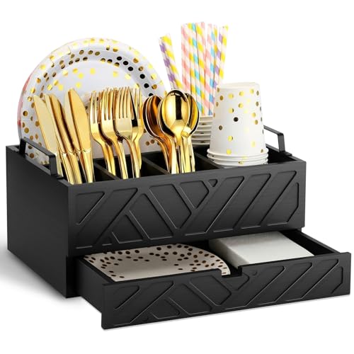 Fiwochic Wooden Paper Plate Dispenser with Drawer - 5 Compartments Silverware Utensil Caddy Holder, Removable Dividers & Handles Black Rustic Flatware Organizer for Kitchen Party Picnic