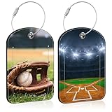 2 PCS Leather Luggage Tag for Suitcase Old Baseball and Glove on Baseball Grand Travel Suitcase Labels with Privacy Name ID Label and Stainless Steel Loop for Adults Teens Travel Bag Labels Set