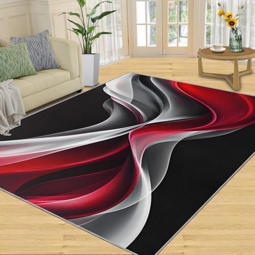 Abstract Wave Rugs for Bedroom, Red White Black Wave Area Rug, Abstract Rugs for Living Room, Indoor Non-Slip Rug, Machine Washable Carpet for Front Entrance Floor Decor 2x3ft