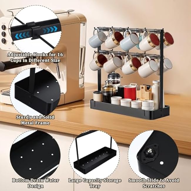 Coffee Mug Holder with 16 Movable Hooks, Metal Coffee Cup Holder for Countertop, 2 Tier Mug Rack with Storage Shelf for Kitchen Office Coffee Mug Rack