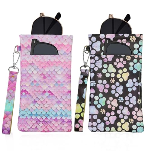 FlyingMage Double Eyeglass Case Soft Dual Glasses Case for Women Men Travel Squeeze Top Sunglasses Cases Eyeglasses Pouch (2, Multicolor Scale+Paw)