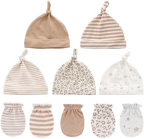 Ecojoy Newborn Baby 5 Hats and 5 Pairs Anti-Scratch Mittens for Babies Boys and Girls,Ages 0-6 Months 100% Cotton
