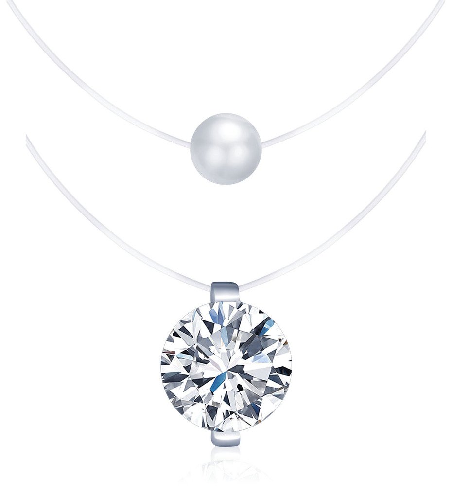 Yumilok Set di 2 collane in nylon, ciondolo in argento Sterling 925, con zircone, con perla, ciondolo per donna e ragazze