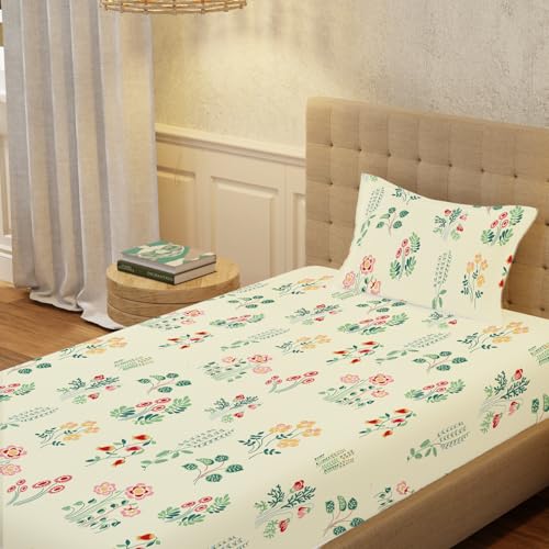 Image of Urban Space Serene 100% Cotton Bedsheet for Single Bed, 200 TC Floral Single Bedsheet with 1 Pillow Cover (58 X 90 Inches, Eden Cream)