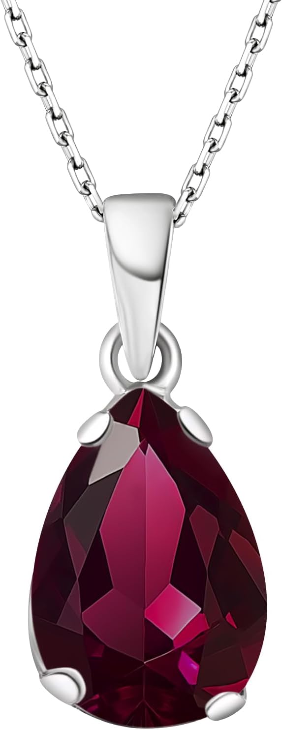 925 Sterling Silver Gemstone Necklace - Gemstone Teardrop Necklace - Birthstone Necklace for Women Silver - Pear Gemstone Pendant - Silver Jewelry for Women - Minimalist Chain Necklace