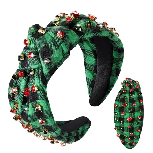 JERTOCLE Christmas Holiday Headband Xmas Hair Accessories Green Plaid Knotted Head Band for Women Embellished Crystal Top Knot Head Band Christmas Costume Party Favor (Green Plaid)