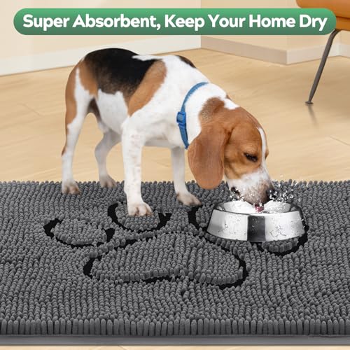 Dog Door Mat for Muddy Paws, Pet Rug Chenille Absorbent Outdoor Doormat 30"x 20", Non Slip Heavy Indoor Doormat Soft Front Inside Doormats for Entryway, Mud Paws, Patio,Dog Paw Black Grey