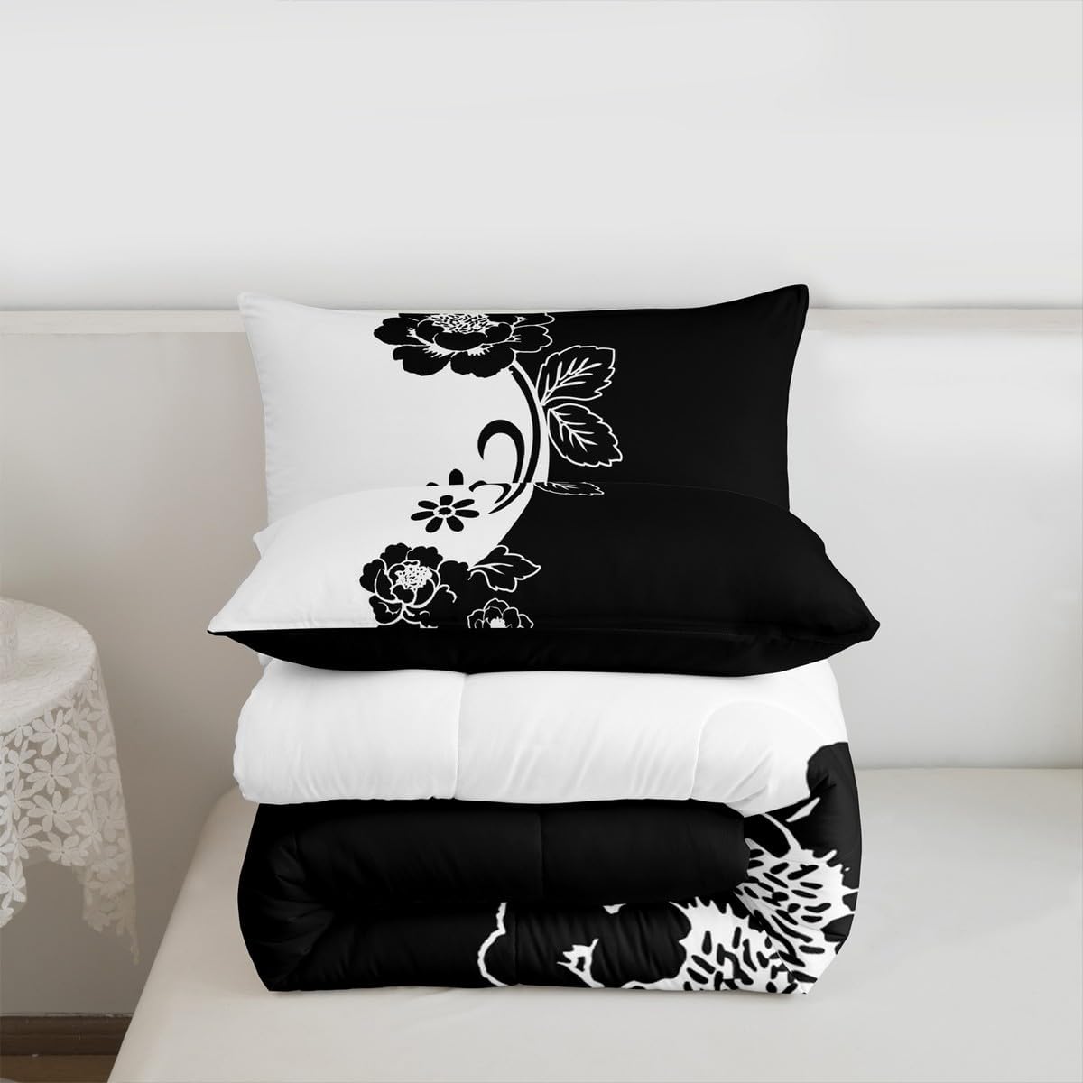 Modern Floral Comforter Set Queen Size,Black and White Bedding Set for Kids Boys Girls Bedroom Decoration,Creative Abstract Flowers Bed Duvet Insert,Yin and Yang Comforter with 2 Pillowcase