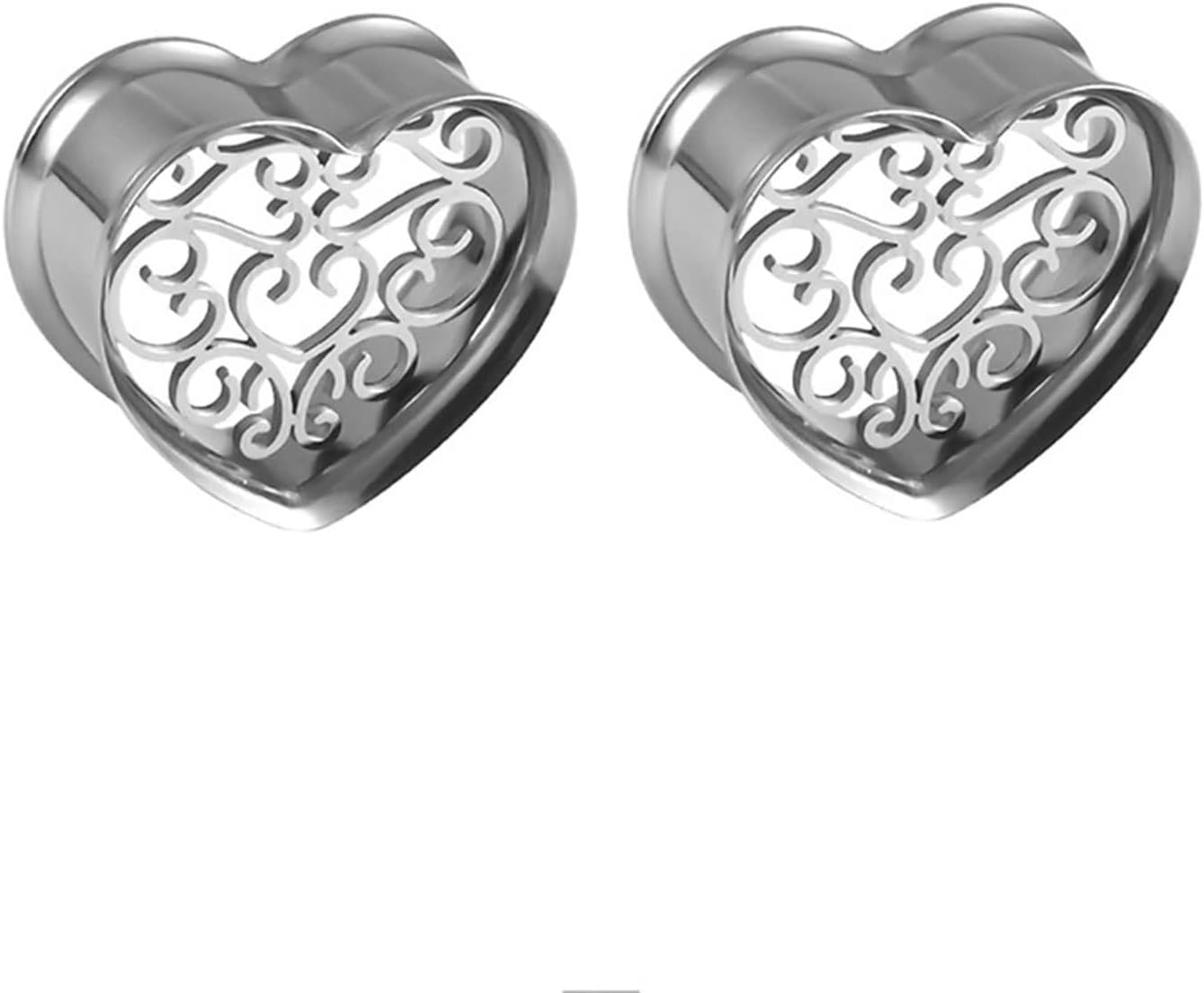 Beydodo Surgical Steel Ear Gauges Men, Plugs and Tunnels for Women Single Flare Heart Shape with Filigree