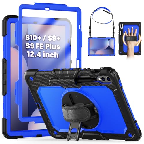 SEYMCY Case for Samsung Galaxy Tab S10+ / S9+ / S9 FE+ Plus 12.4 inch, Shockproof with Screen Protector, 360° Rotating Hand Strap & Stand, Shoulder Strap for Samsung S10/S9 Plus Tablet, Blue