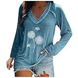 Plus Size Blouses,Dressy Casual Lsexy V Neck Blouses Plus Size Summer Tops,Trendy Long Sleeve Dandelion Print Shirts Elegant Vintage Basic Loose Fit Breathable Cute Tops Blue 2XL