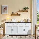 LIDYUK 63' White Buffet Sideboard Cabinet with 4 Doors and 3 Drawers, Modern Farmhouse Kitchen Storage Cabinet, Coffee Bar Cabinet with Adjustable Shelves, Living Room Storage, Dining Room