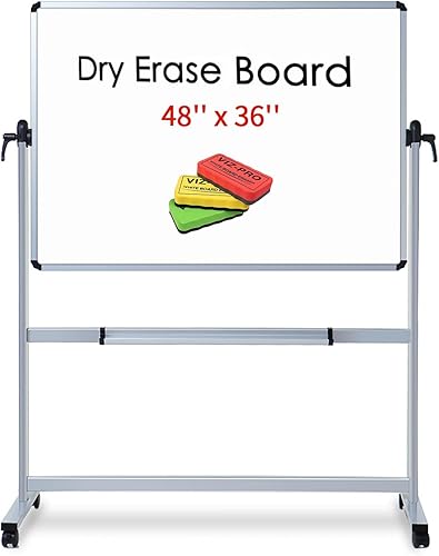 VIZ-PRO Pizarra blanca magnética de doble cara, 48.0 x 35.8in, marco de aluminio y soporte con 3 gomas de borrar de colores
