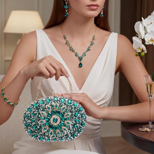 Image of Quelay 4 Pcs Purse Rhinestone Jewelry Set for Wedding Bridal Women Evening Clutch Bag Necklace Dangle Earrings Bracelets
