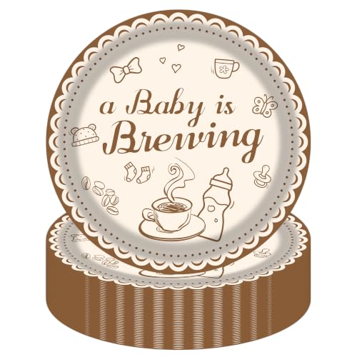 PUEVENYI 50PCS A Baby is Brewing Paper Plates - 7Inch Dessert Plates for Cake Salad Fruit Pizza Disposable Coffee Themed Decoration Supplies for Baby Shower Gender Reveal Party
