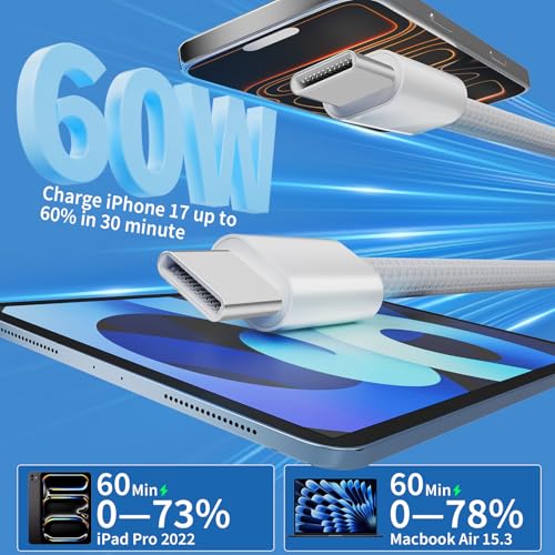 bakibo USB C auf USB C Kabel (2 Stück, 1M+2M), USBC Kabel 60W PD 3.0 PPS Schnellladekabel Nylon Geflochten Typ C ladekabel Datenübertragung für iPhone 17 16 15 ipad MacBook Samsung S25 S24, Weiß