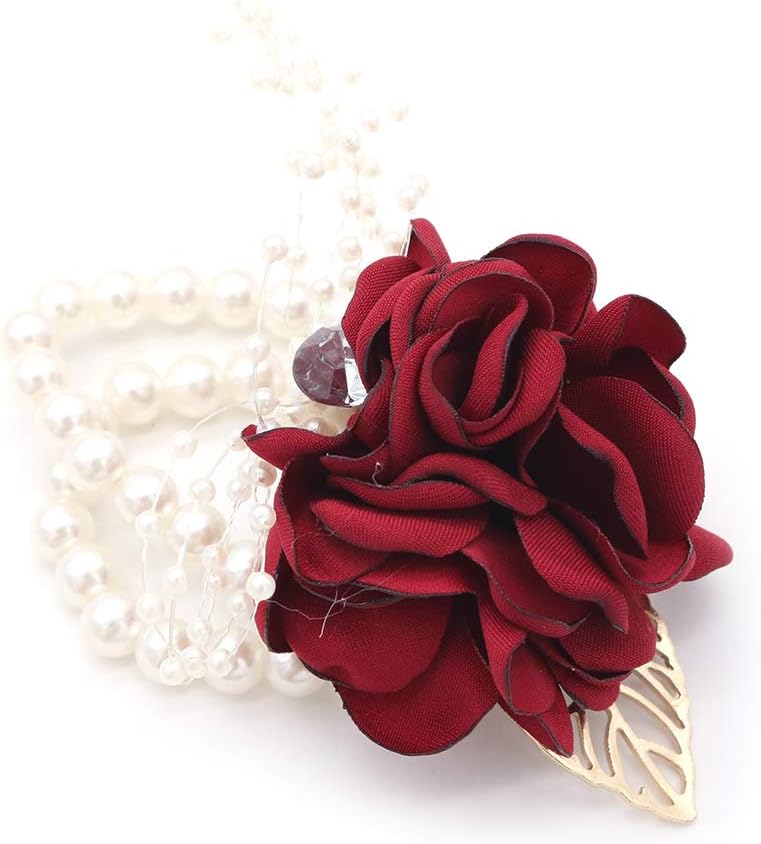shiwaki 2pcs Flower Girl Bridesmaid Wrist flower Bridal Silk Wrist Flower Wedding Prom Hand Flowers Decor gifts (Red wine) - Image 3