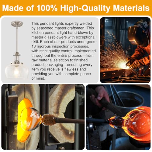 Image of Modern Pendant Lights Kitchen Island, Brushed Nickel Pendant Light Fixtures with 10 inch Clear Crack Glass Shade, Industrial Hanging Pendant Lights Fixture for Kitchen Island Dining Room Entryway