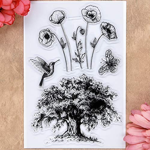 KWELLAM Tampons transparents en forme d'arbre, de colibri, de fleurs, d'oiseau, de papillon pour la fabrication de cartes, la décoration et le scrapbooking Cover