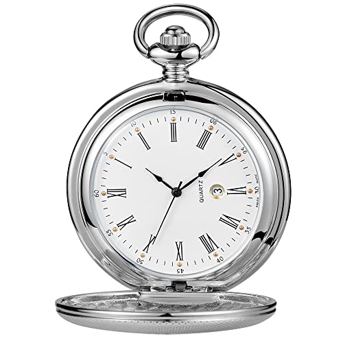 Image of Hollow Roman Digital Pocket Watch Cover for Men, Calendar Roman Dial Men's Pocket Watch with Chain
