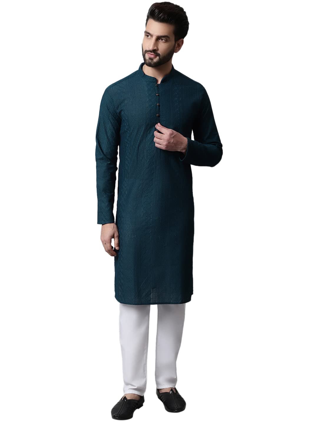 Jompers Men Teal Blue Embroidered Pure Cotton Kurta With Pyjamas (Teal, L)