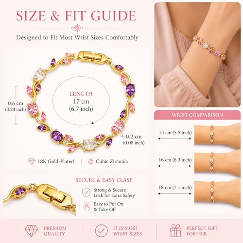 Image of Tulip Bracelet for Women & Girls, Gold Plated Pink Crystal Floral Bracelet, Adjustable Chain Stylish Jewellery, Elegant Gift for Her, Trendy Fashion Accessory