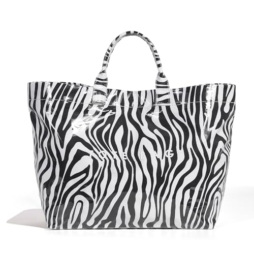 Image of Lushandy PVC Tote Bag Women's Plastic Tote Purse Large Letters Print Hobo Handbag for Work, Beach, Gift (Zebra Print)
