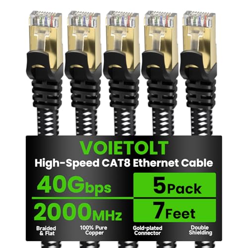 VOIETOLT Cat 8 Ethernet Cable Flat 7 FT 5Pack, High Speed 40Gbps 2000Mhz Braided Internet Cable with Gold Plated RJ45 Network LAN Cable SSTP, Ethernet Cord Compatible for PS4/5, for Modems, PC/Laptop