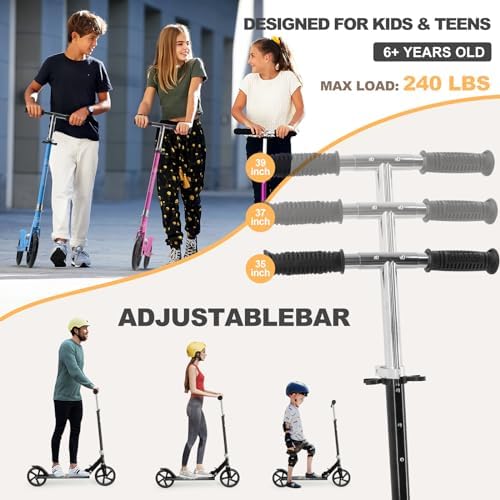 Scooter for Kids Ages 6+, Teens & Adults, Lightweight Kick Scooter 3 Adjustable Heightand Rear Brake, Big Sturdy Urethane Wheels, Foldable Scooter for Indoor & Outdoor. (Black) - 1