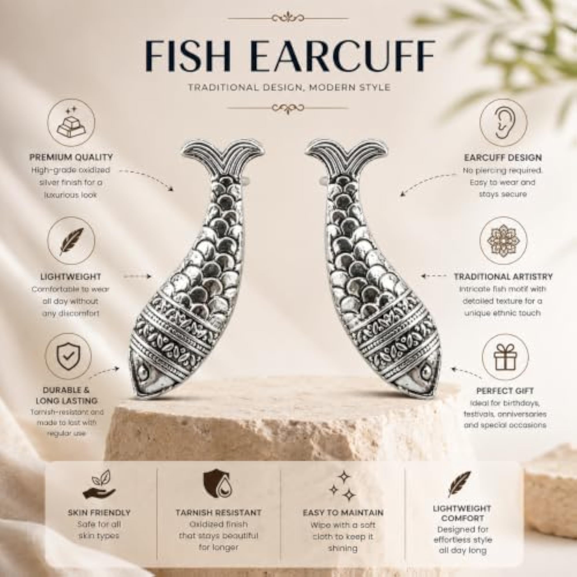 Women's Silver Oxidized Fish Ear Cuff Earrings, Traditional Design