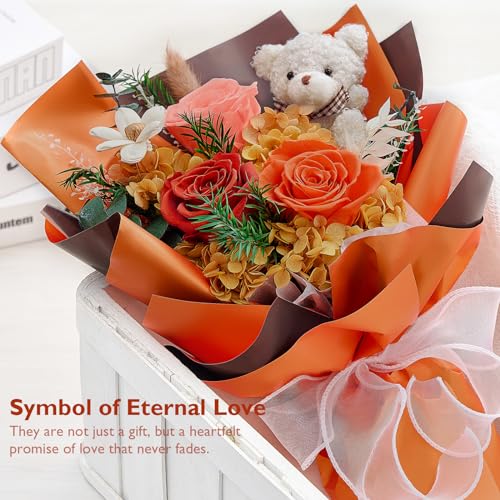 Polylove Forever Flowers Bouquet 3-Piece Preserved Roses with Bear Gift Box for Wife Mother Valentines Day Mothers Day Anniversary Birthday (Orange)