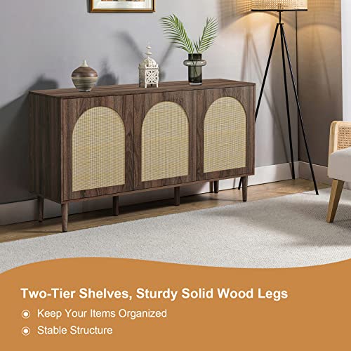 Hulala Home Farmhouse Sideboard Buffet Cabinet With 3 Rattan Doors And 3 Shelves, Kitchen Storage Cabinet With Solid Wood Legs,Console Table Accent Cabinet For Living Room Dining Room Entryway, Walnut #TOP2