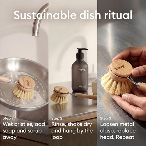 Vove Bamboo Washing Up Brush, FSC-Certified - Includes 3 Replacement Heads - Natural Fibre Bristles - Non-Toxic, Plastic-Free - Kitchen Scrub Brush for Pots, Pans & Dishes - Image 8